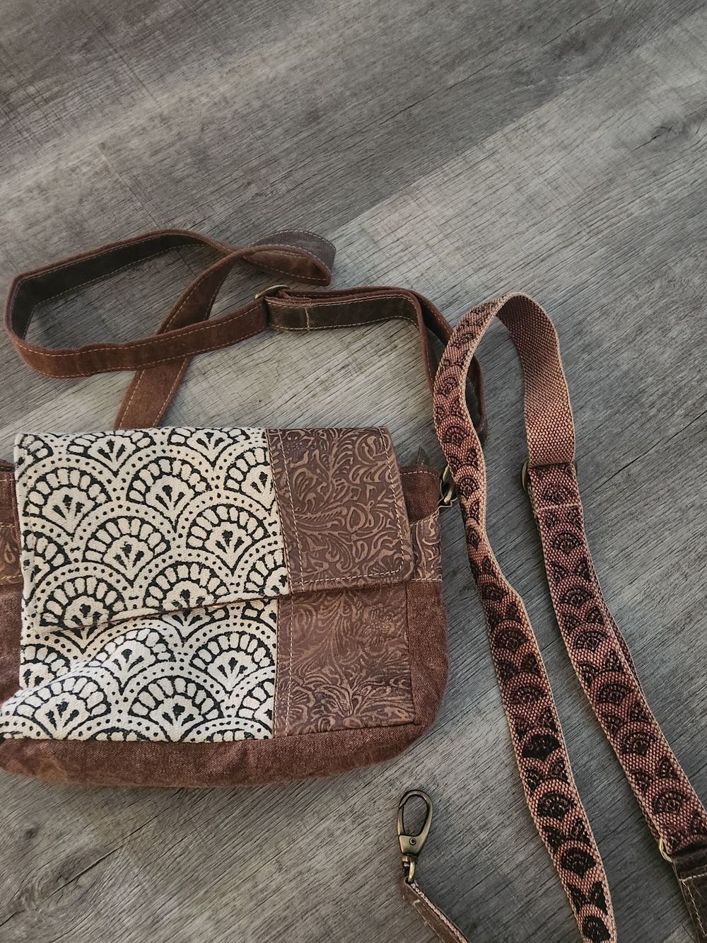 Brown Patterned Crossbody Bag with Cream Accent
